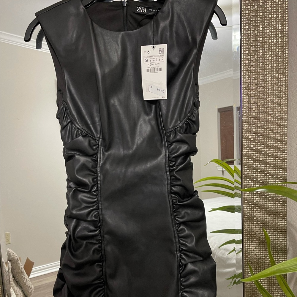 Zara Ruched Faux leather dress